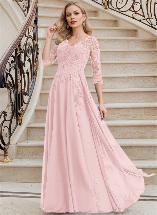Elegant V-Neck 3/4 Sleeves Floor-Length Chiffon Mother Of The Bride Dresses With Appliques Lace