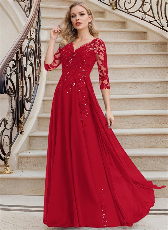 Elegant V-Neck 3/4 Sleeves Floor-Length Chiffon Mother Of The Bride Dresses With Appliques Lace