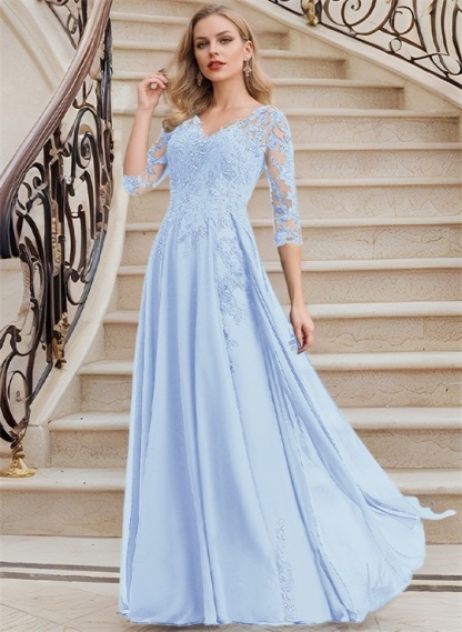 Elegant V-Neck 3/4 Sleeves Floor-Length Chiffon Mother Of The Bride Dresses With Appliques Lace