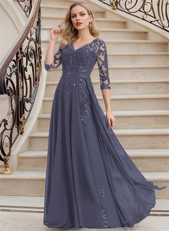 Elegant V-Neck 3/4 Sleeves Floor-Length Chiffon Mother Of The Bride Dresses With Appliques Lace