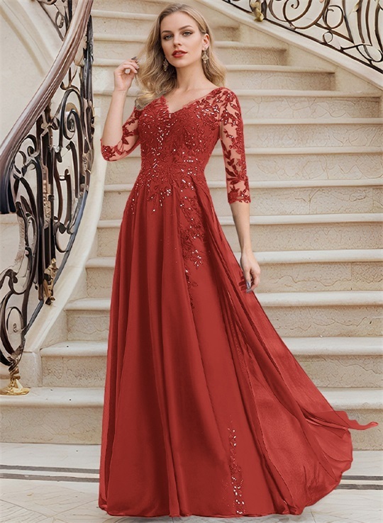 Elegant V-Neck 3/4 Sleeves Floor-Length Chiffon Mother Of The Bride Dresses With Appliques Lace