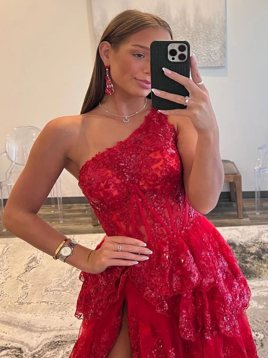 A-Line Dark Red Sequin One Shoulder Tiered Long Prom Dress With Slit