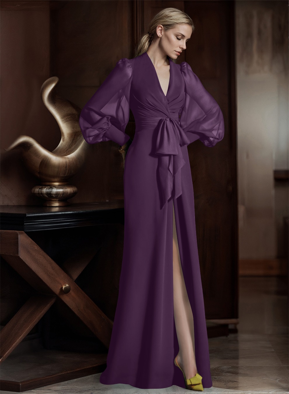 V-Neck Long Sleeves Simple Mother Of The Bride Dresses