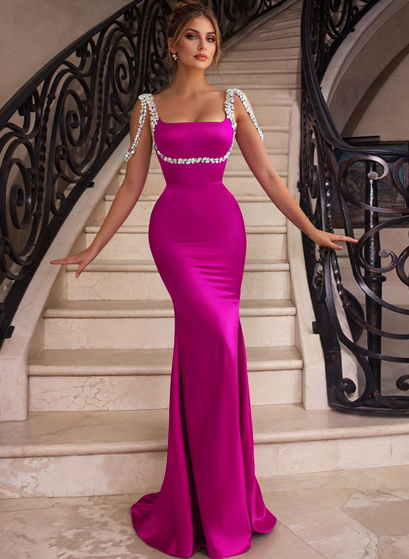 Trumpet/Mermaid Square Neckline Sweep Train Satin Bridesmaid Dresses With Beading