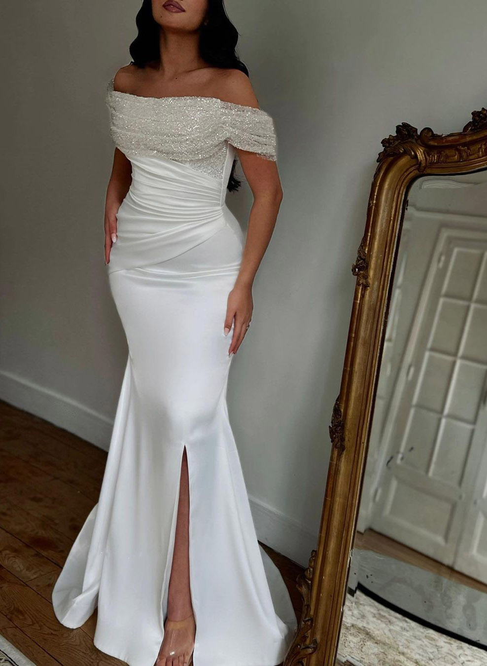 Off-The-Shoulder Trumpet/Mermaid Sequined Wedding Dresses, image 1