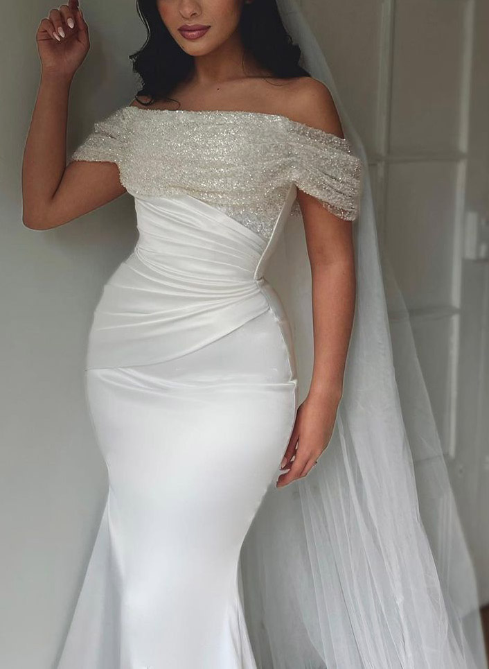 Off-The-Shoulder Trumpet/Mermaid Sequined Wedding Dresses, image 3