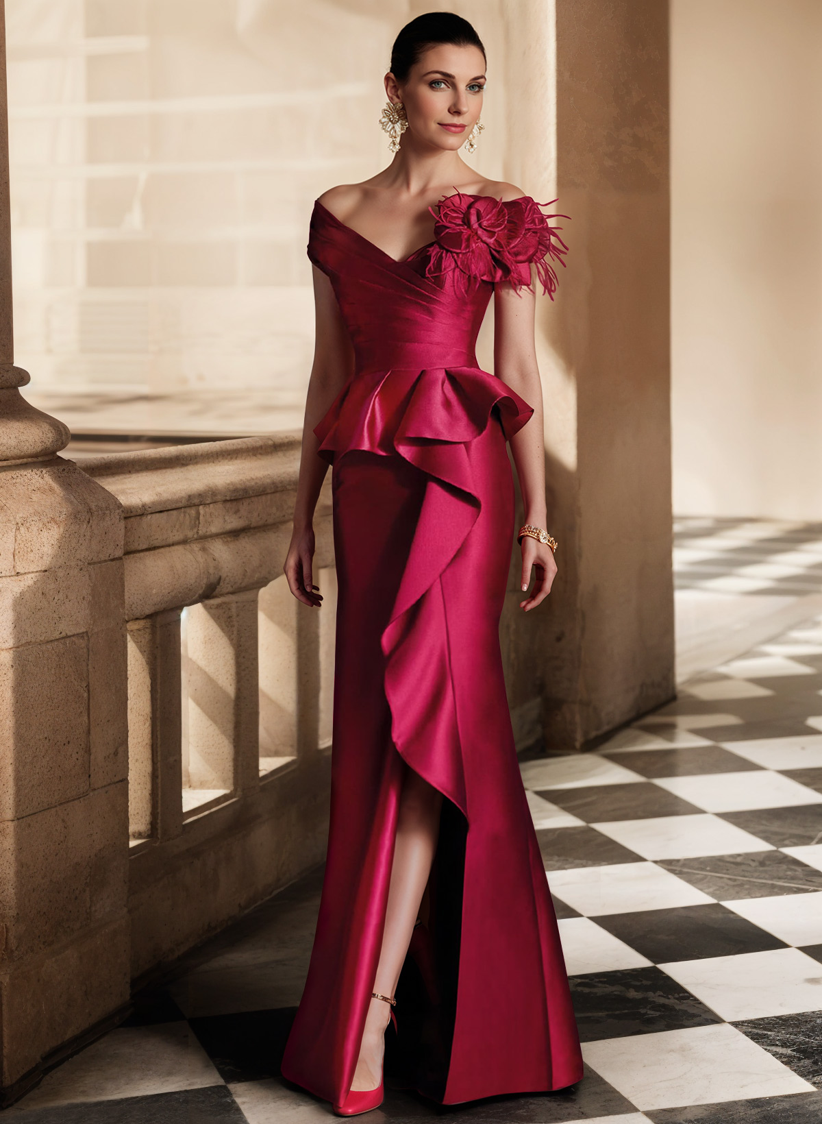 Feather Trimmed 3D Floral Off-The-Shoulder Mother Of The Bride Dresses With Ruffled Waist, product image 1