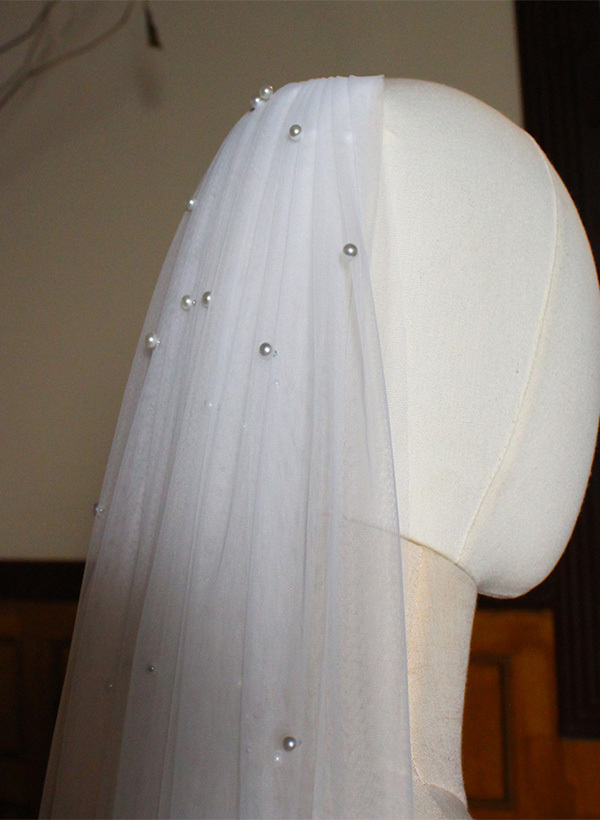 Tulle One-Tier Cathedral Bridal Veils With Faux Pearl