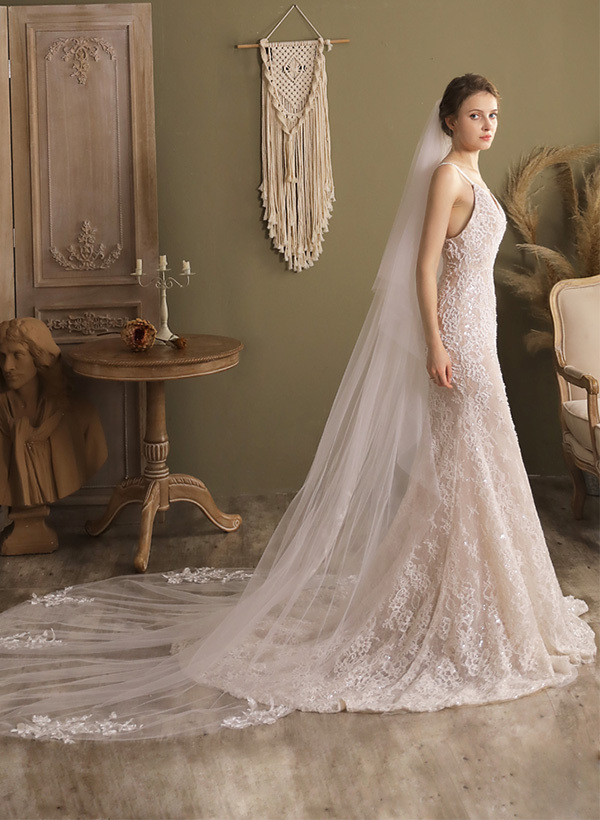 Cut Edge Two-Tier Chapel Bridal Veils With Lace