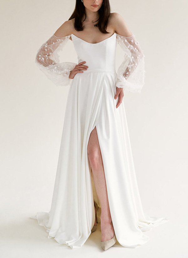 A-Line Off-The-Shoulder Long Sleeves Wedding Dresses With Split Front, product image 1