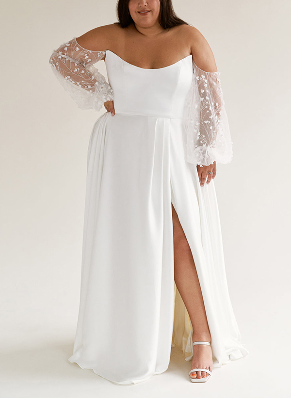 A-Line Off-The-Shoulder Long Sleeves Wedding Dresses With Split Front, product image 4