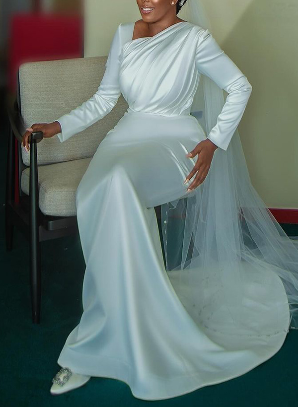 Trumpet/Mermaid Long Sleeves Sweep Train Satin Wedding Dresses, product image 2