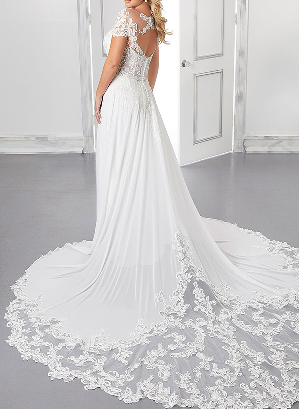 A-Line V-Neck Sleeveless Chiffon Wedding Dresses With Appliques Lace