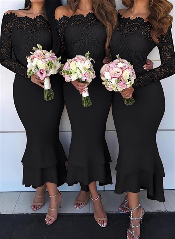 Trumpet/Mermaid Off-The-Shoulder Long Sleeves Lace/Satin Bridesmaid Dresses, product image 4