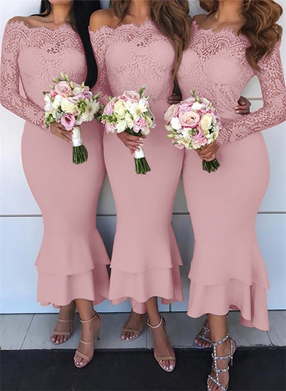 Trumpet/Mermaid Off-The-Shoulder Long Sleeves Lace/Satin Bridesmaid Dresses, product image 20