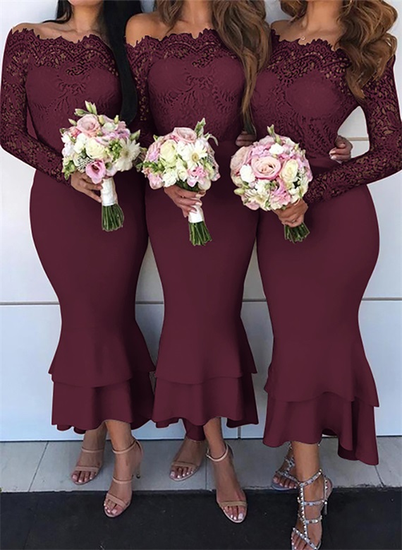 Trumpet/Mermaid Off-The-Shoulder Long Sleeves Lace/Satin Bridesmaid Dresses, product image 26