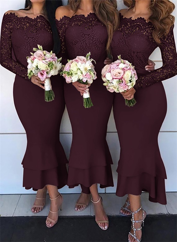 Trumpet/Mermaid Off-The-Shoulder Long Sleeves Lace/Satin Bridesmaid Dresses, product image 27