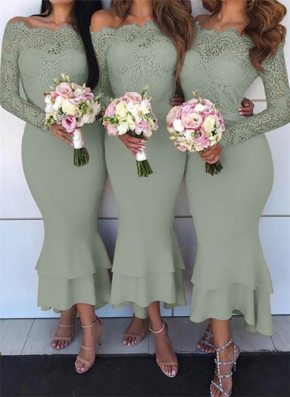 Trumpet/Mermaid Off-The-Shoulder Long Sleeves Lace/Satin Bridesmaid Dresses, product image 38