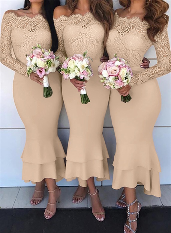 Trumpet/Mermaid Off-The-Shoulder Long Sleeves Lace/Satin Bridesmaid Dresses, product image 5
