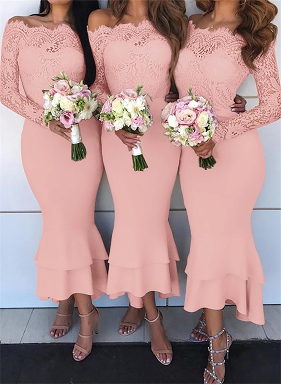 Trumpet/Mermaid Off-The-Shoulder Long Sleeves Lace/Satin Bridesmaid Dresses, product image 22