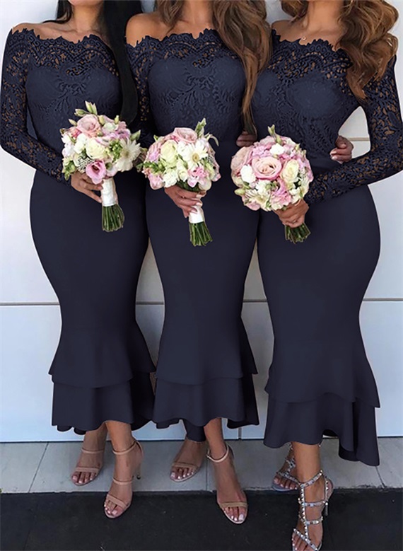 Trumpet/Mermaid Off-The-Shoulder Long Sleeves Lace/Satin Bridesmaid Dresses, product image 6