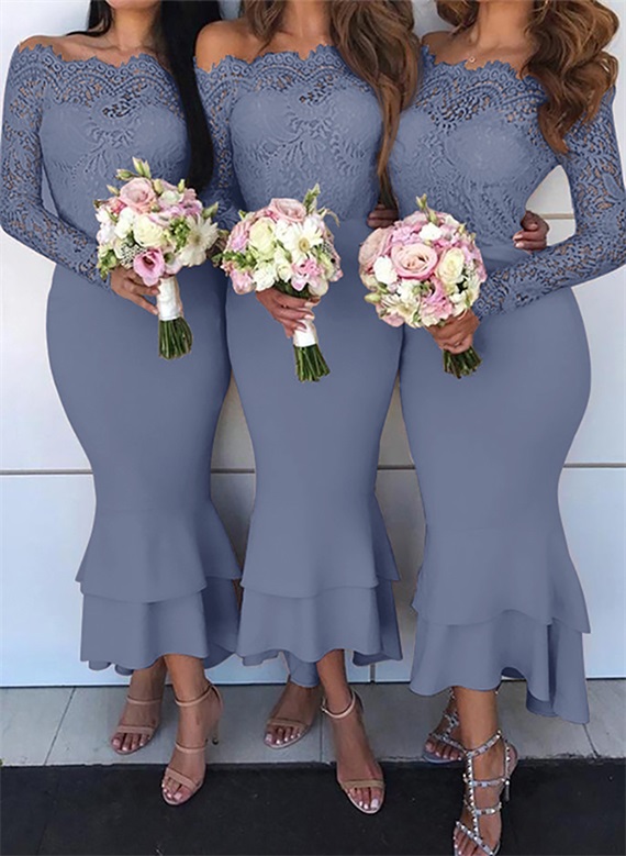 Trumpet/Mermaid Off-The-Shoulder Long Sleeves Lace/Satin Bridesmaid Dresses, product image 11