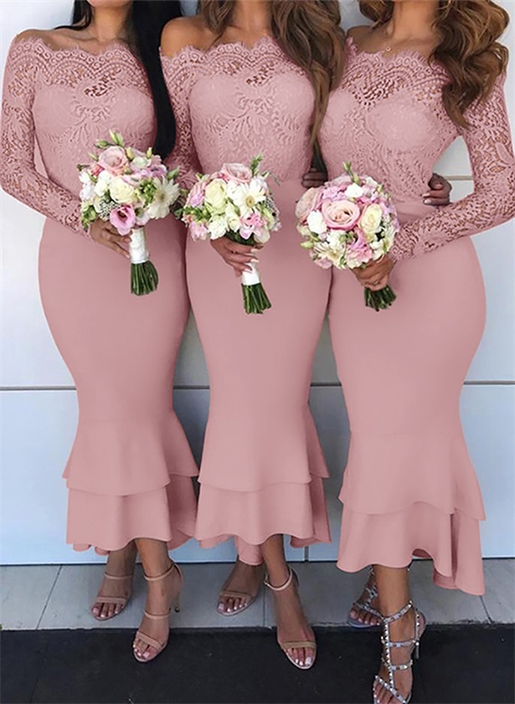 Trumpet/Mermaid Off-The-Shoulder Long Sleeves Lace/Satin Bridesmaid Dresses, product image 18