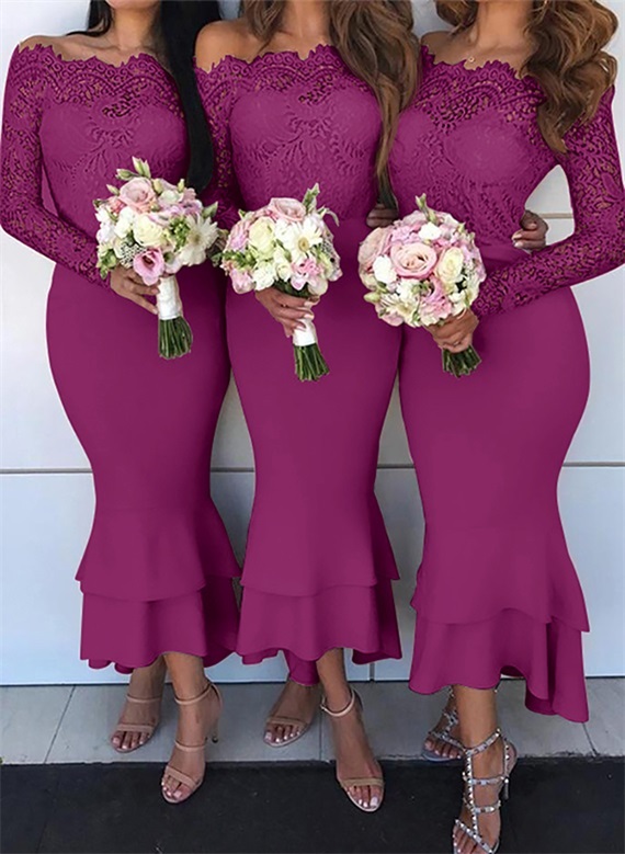 Trumpet/Mermaid Off-The-Shoulder Long Sleeves Lace/Satin Bridesmaid Dresses, product image 16