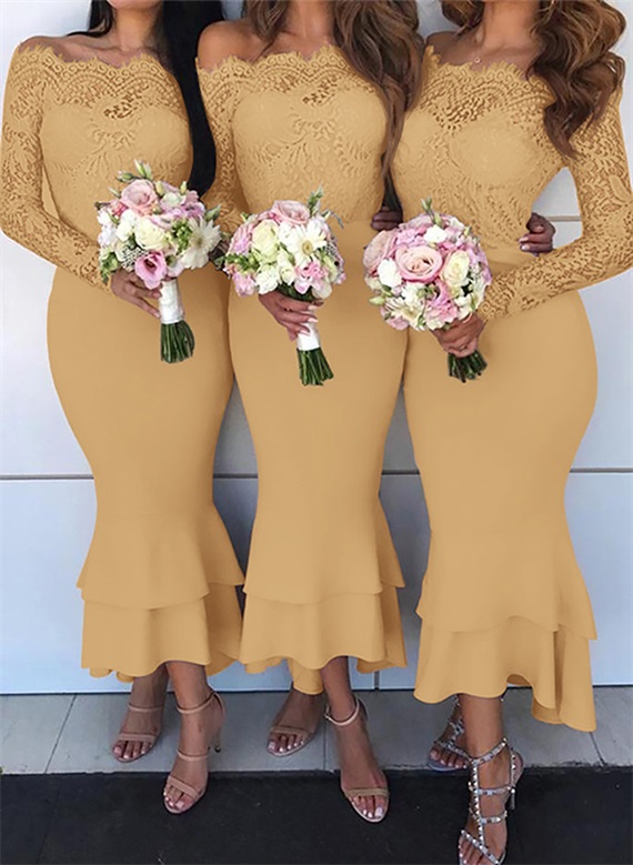 Trumpet/Mermaid Off-The-Shoulder Long Sleeves Lace/Satin Bridesmaid Dresses, product image 49