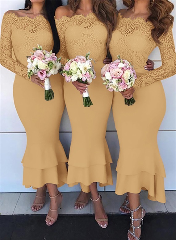 Trumpet/Mermaid Off-The-Shoulder Long Sleeves Lace/Satin Bridesmaid Dresses, product image 49