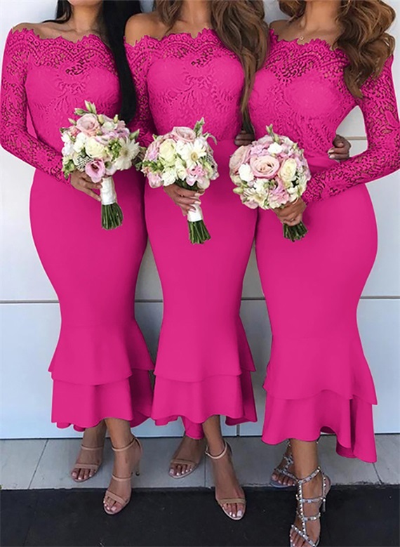 Trumpet/Mermaid Off-The-Shoulder Long Sleeves Lace/Satin Bridesmaid Dresses, product image 17