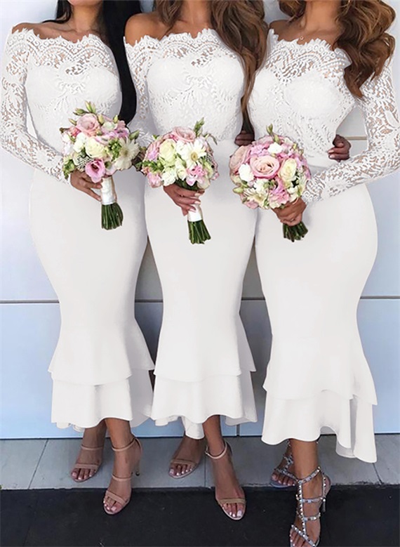 Trumpet/Mermaid Off-The-Shoulder Long Sleeves Lace/Satin Bridesmaid Dresses, product image 54