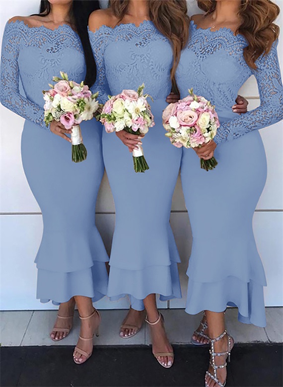 Trumpet/Mermaid Off-The-Shoulder Long Sleeves Lace/Satin Bridesmaid Dresses, product image 15