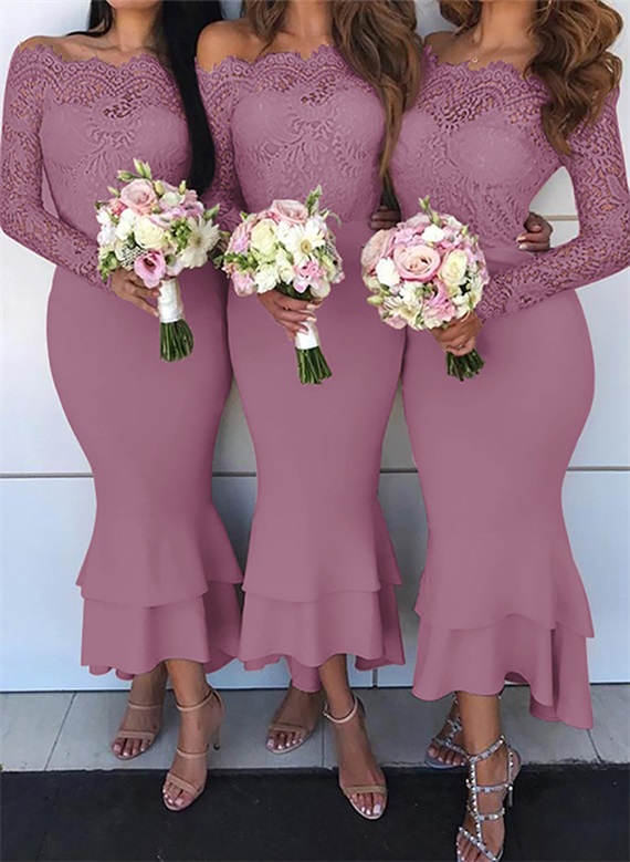 Trumpet/Mermaid Off-The-Shoulder Long Sleeves Lace/Satin Bridesmaid Dresses, product image 33
