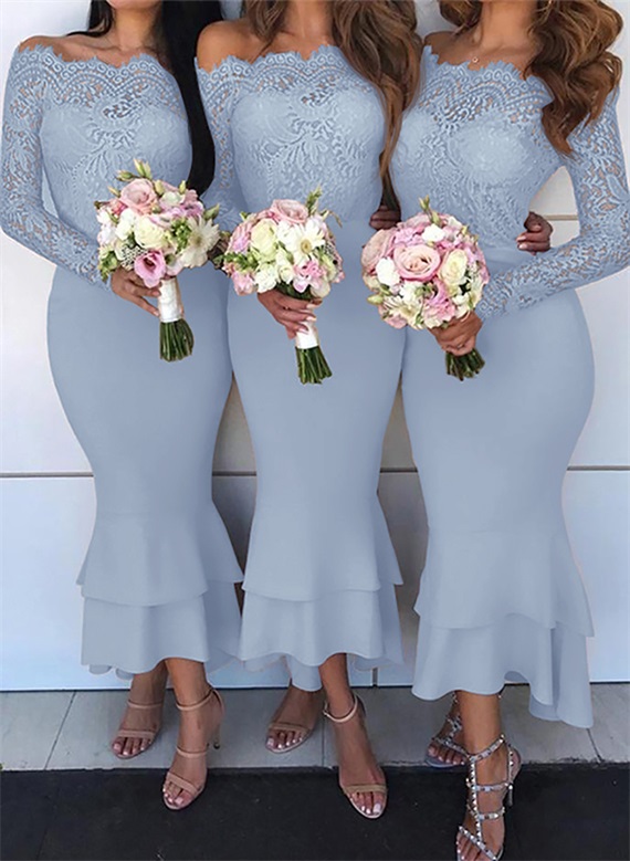 Trumpet/Mermaid Off-The-Shoulder Long Sleeves Lace/Satin Bridesmaid Dresses, product image 45