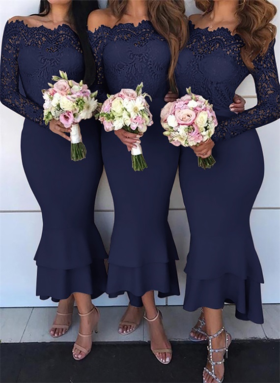Trumpet/Mermaid Off-The-Shoulder Long Sleeves Lace/Satin Bridesmaid Dresses, product image 7