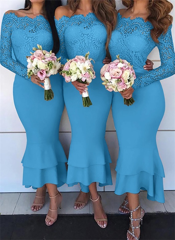 Trumpet/Mermaid Off-The-Shoulder Long Sleeves Lace/Satin Bridesmaid Dresses, product image 14