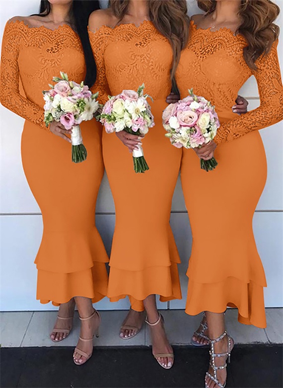 Trumpet/Mermaid Off-The-Shoulder Long Sleeves Lace/Satin Bridesmaid Dresses, product image 51