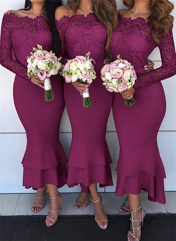 Trumpet/Mermaid Off-The-Shoulder Long Sleeves Lace/Satin Bridesmaid Dresses, product image 29