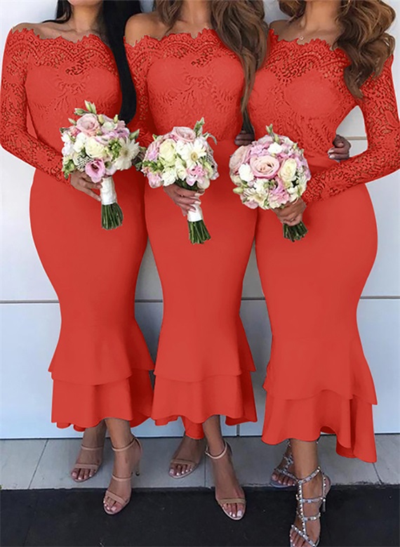 Trumpet/Mermaid Off-The-Shoulder Long Sleeves Lace/Satin Bridesmaid Dresses, product image 53