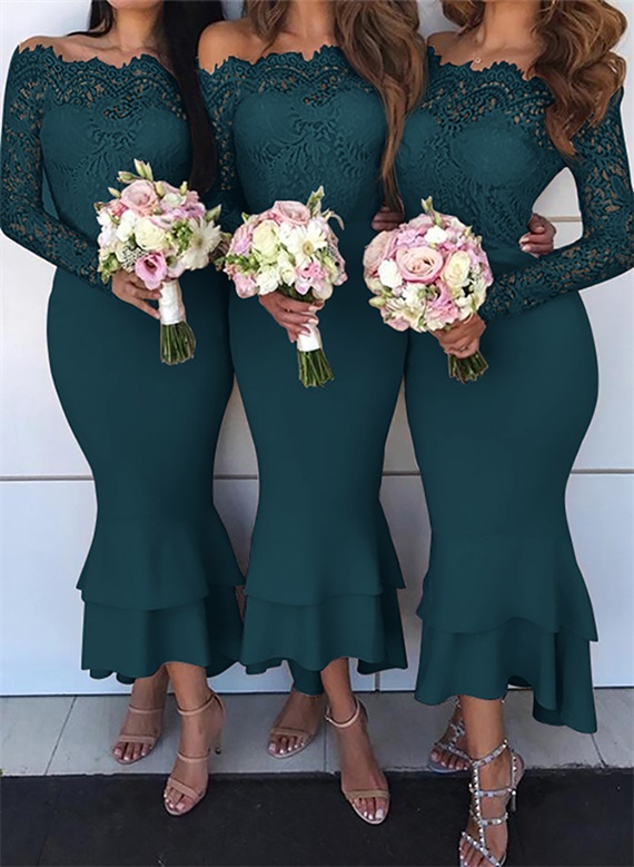 Trumpet/Mermaid Off-The-Shoulder Long Sleeves Lace/Satin Bridesmaid Dresses, product image 39