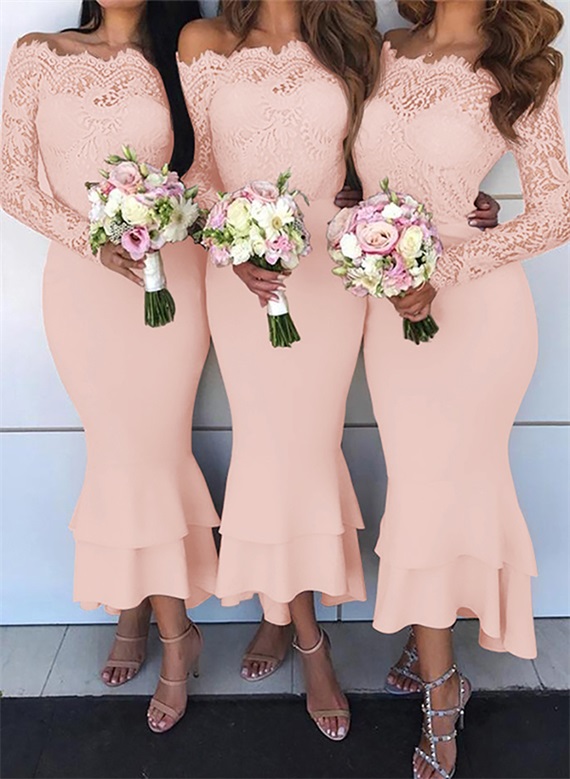 Trumpet/Mermaid Off-The-Shoulder Long Sleeves Lace/Satin Bridesmaid Dresses, product image 19