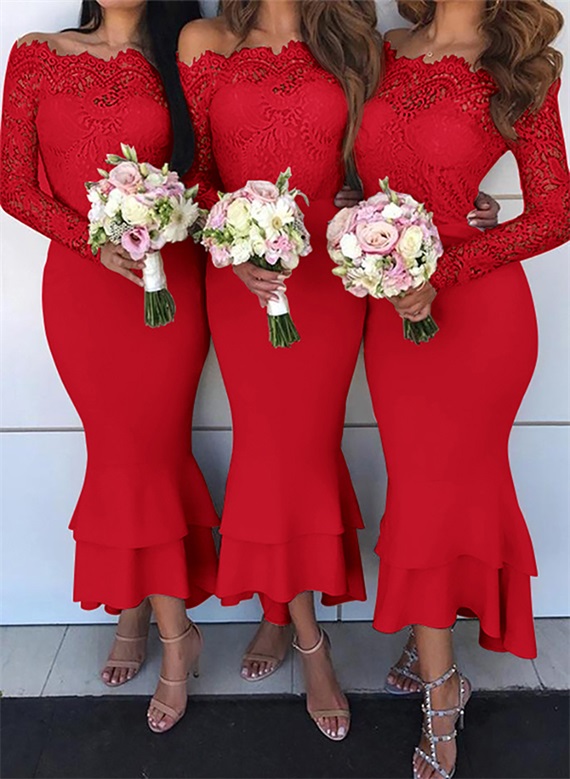 Trumpet/Mermaid Off-The-Shoulder Long Sleeves Lace/Satin Bridesmaid Dresses, product image 25