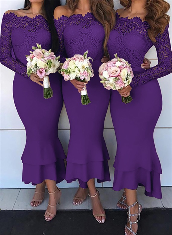 Trumpet/Mermaid Off-The-Shoulder Long Sleeves Lace/Satin Bridesmaid Dresses, product image 30