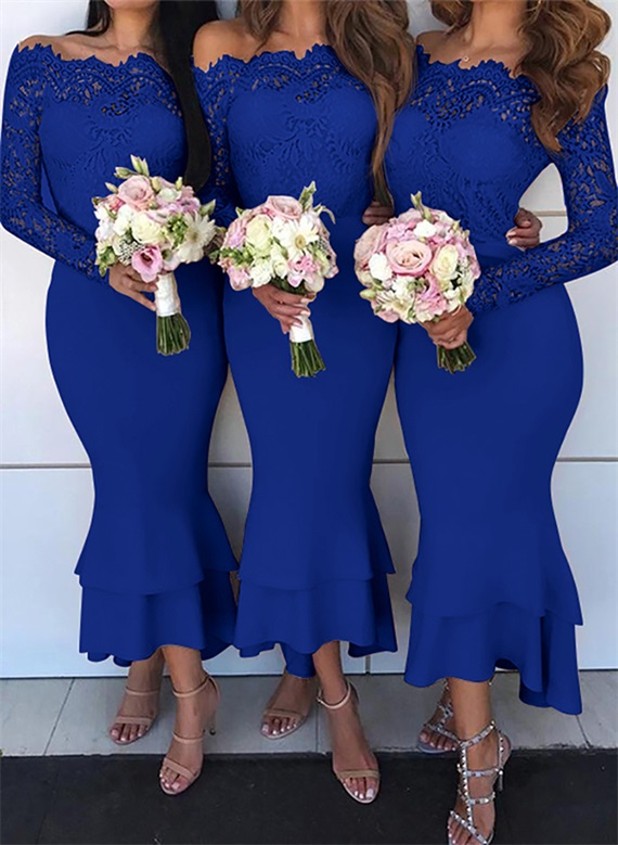 Trumpet/Mermaid Off-The-Shoulder Long Sleeves Lace/Satin Bridesmaid Dresses, product image 8