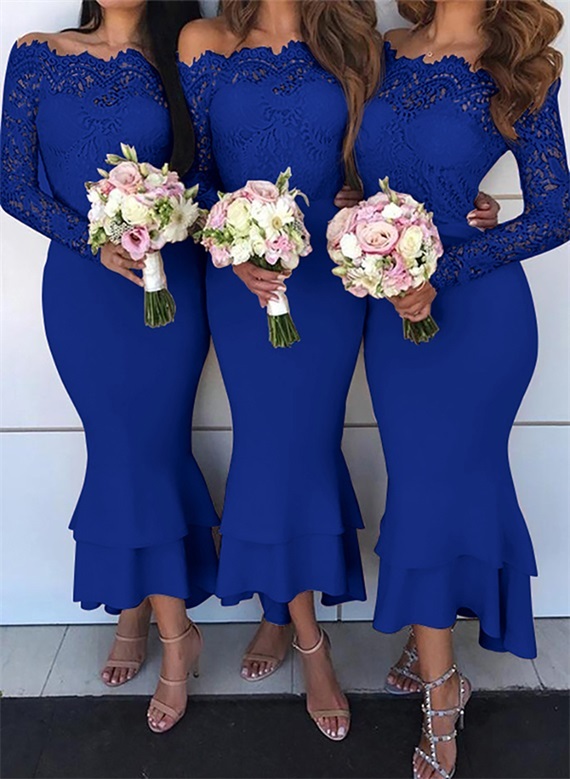 Trumpet/Mermaid Off-The-Shoulder Long Sleeves Lace/Satin Bridesmaid Dresses, product image 8