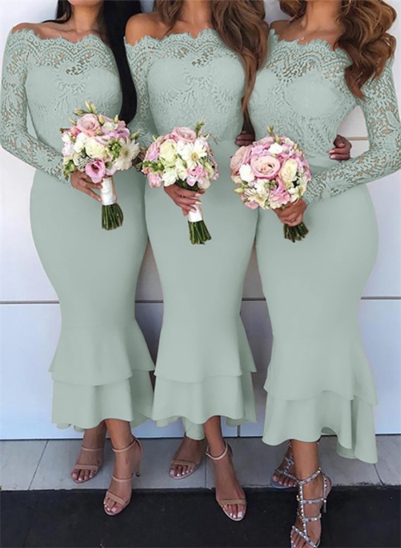 Trumpet/Mermaid Off-The-Shoulder Long Sleeves Lace/Satin Bridesmaid Dresses, product image 37