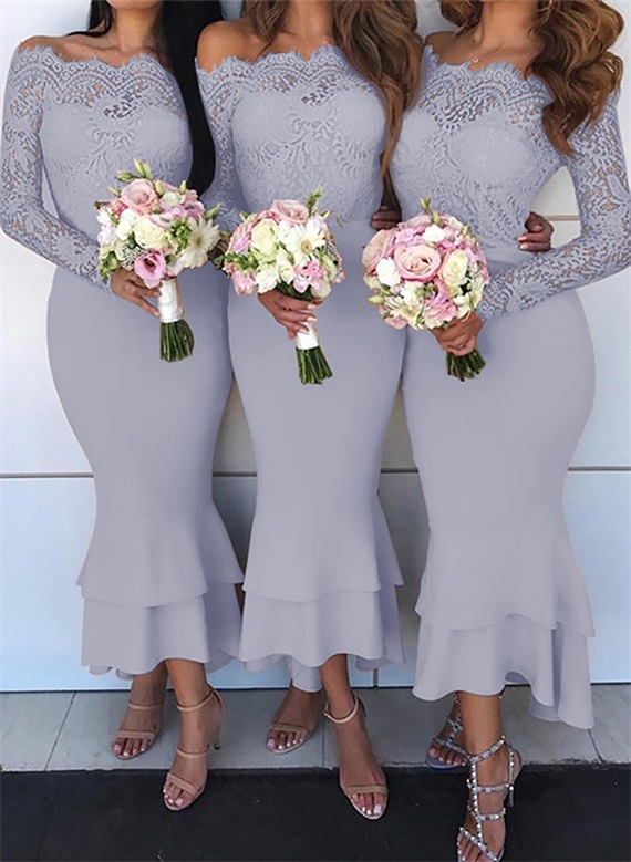 Trumpet/Mermaid Off-The-Shoulder Long Sleeves Lace/Satin Bridesmaid Dresses, product image 56