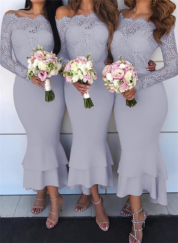 Trumpet/Mermaid Off-The-Shoulder Long Sleeves Lace/Satin Bridesmaid Dresses, product image 56