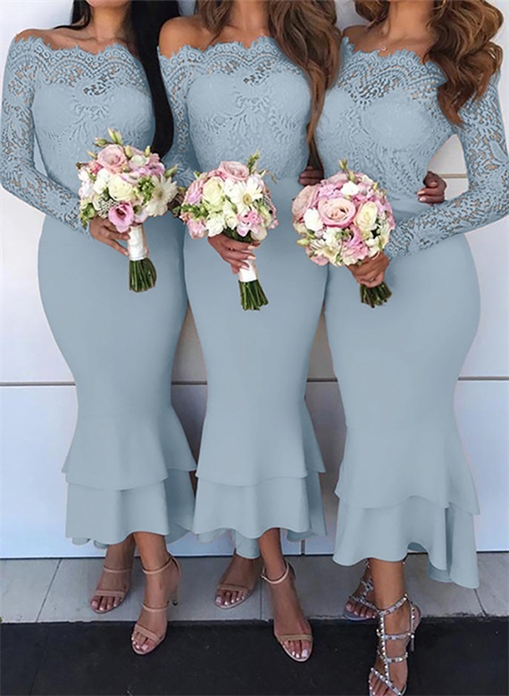 Trumpet/Mermaid Off-The-Shoulder Long Sleeves Lace/Satin Bridesmaid Dresses, product image 12